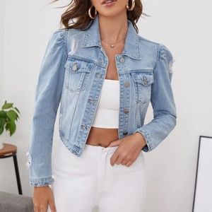 018 Boho Distressed Puff Sleeve Cropped Denim Jacket
